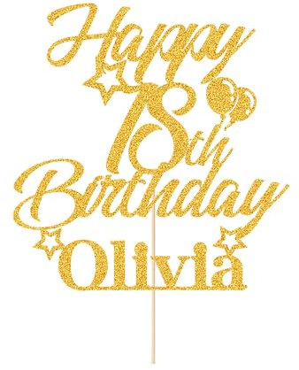 Personalised Happy Birthday Cake Topper Custom Cake Topper Multicolour Double Sided Glitter Cupcake Toppers with Any Name & Age Birthday Decorations(Gold)