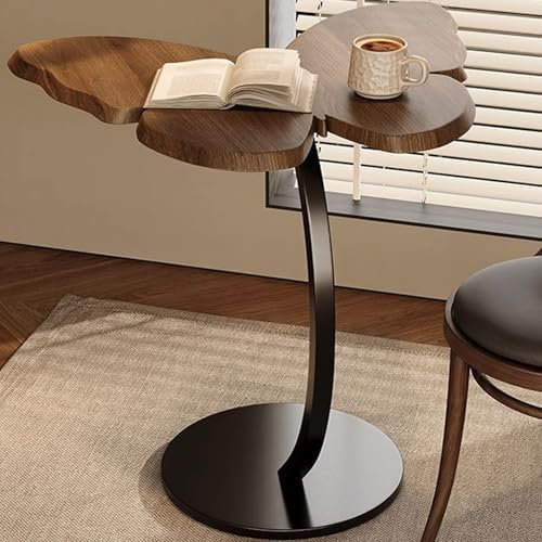 Table d'Appoint Bout de Canapé en Bois Structure en Forme de C Cadre en Métal Petite Table d Appoint Haute 56×43×60cm，pour Salon Chambre，Noir+Noyer