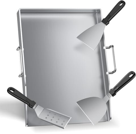 Fdlscpem Set di piastre per barbecue Plancha, 40 x 30 cm, spessore 4 mm, per barbecue a gas e barbecue a carbone, piastra in acciaio inox con angoli sigillati e manico pieghevole, 3 diverse spatole