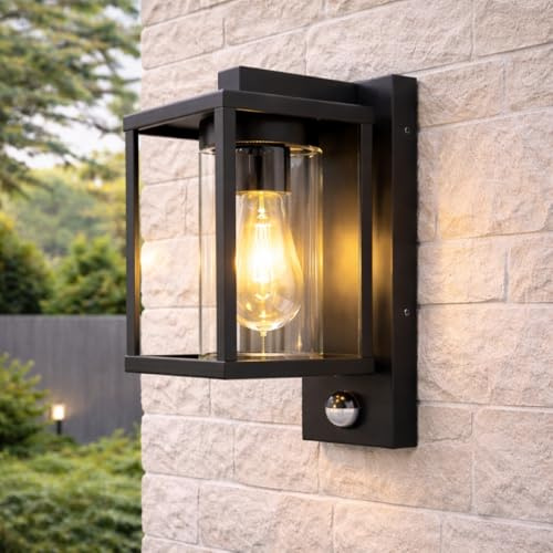CGC Lighting Outdoor Outside Wall Light Black Modern, E27 Bulb, Mains Powered, Garden, Porch, Patio (Black PIR)