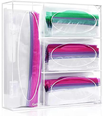 DEZYN Acrylic Ziplock Bag Organizer And Dispenser For Kitchen Storage, Compatible With Various Sizes,Holds Gallon Quart,Snack,Sandwich Bags-Clear