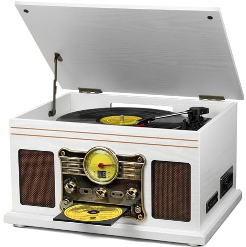 FEKTIK - Enregistreur Bluetooth 10 en 1, platine vinyle à 3 vitesses avec haut-parleurs, convertisseur LP vers MP3, CD, lecteur de cassette, radio FM, transmission sans fil