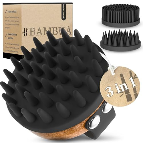 BAMBUA Kopfhaut Massagebürste - (3 AUFSÄTZE) vielseitige Kopfmassage Bürste mit Anti-Schuppen Effekt - Premium Haar Massagebürste Haare - Utensilienset inkl. E-Book „Gesunde Kopfhaut“ (Schwarz)