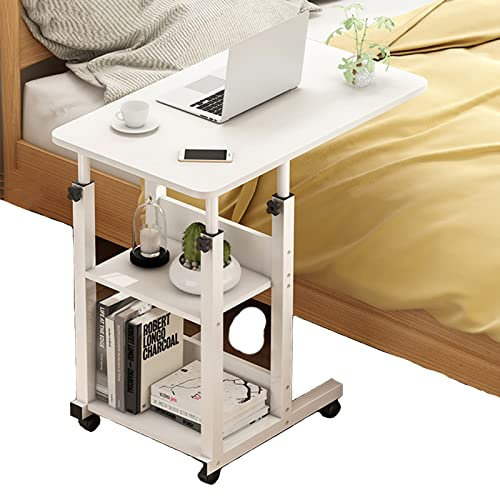 Betttisch mit Rollen, höhenverstellbar, beweglicher Laptop-Arbeitsplatz und Computertisch mit 2-stöckigem Regal für Couch, Rollrad-Design für einfache Nutzung