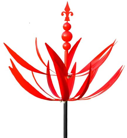 Molino de viento de jardín – Molino de viento de metal resistente, adorno para exteriores con protección UV | Escultura de viento giratoria con diseño rojo brillante, llamativo arte de patio para