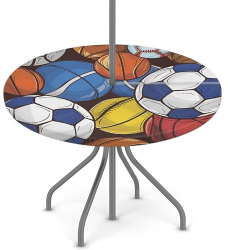 Woltant Tovaglia rotonda con foro per ombrellone e cerniera, facile da pulire, con bordi elastici, protezione per tavolo da giardino, patio, barbecue (palle sportive)
