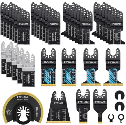 PECHAM 45PCS Multi Tool Blades, Professional Universal Titanium Oscillating Saw Blades for Wood Plastics Metal Quick Release Multitool Kits Fit Rockwell Ridgid Ryobi Milwaukee Chicago Craftsman