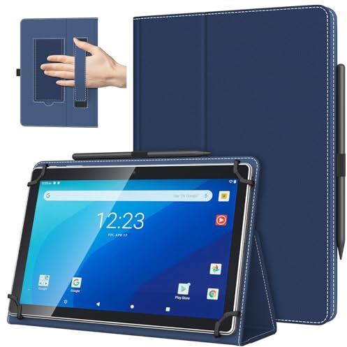 TiMOVO Custodia Universale per Tablet Android 10,1 Pollici con Anello per Penna, Cover Leggera e Pieghevole in Piedi con Cinghia a Mano per Tutti i Tablet Touchscreen da 9,6-11 Pollici, Blu Marino
