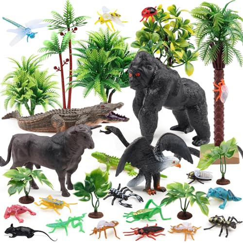 DOITEM Set di 30 figure di animali della foresta pluviale, modello Tress Kit per la foresta pluviale Diorama Progetto con uccello Gorilla Coccodrillo, lucertole Rana Serpente Insetti Playset per