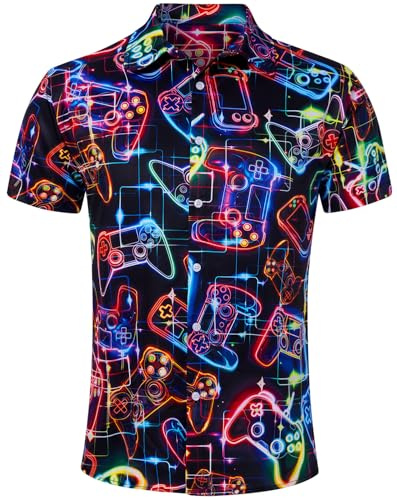 TUONROAD Hawaii-skjorta herr 3D funky skjorta skjorta herr kortärmad button down fritidsskjorta Hawaii skjorta män M-XXL, neon spelkonsoler, XXL
