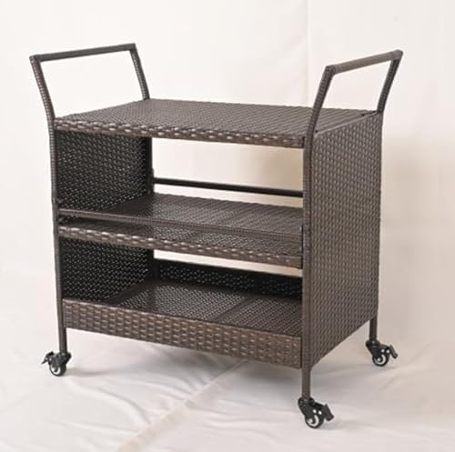 GOPLUS Carrito de Servicio de 3 Niveles, Carro de Bar de Ratán con Ruedas Universales Bloqueables, Estantes Abiertos, Mangos Laterales, Carrito Auxiliar con Ruedas para Terraza, Patio Trasero, Porche