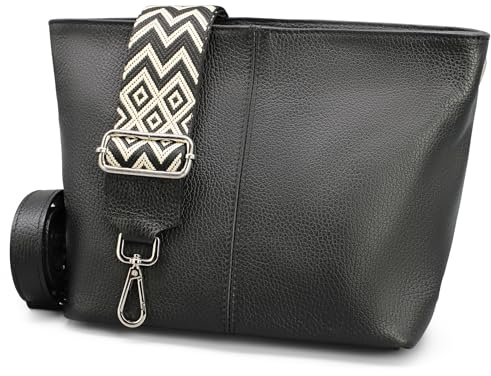 Brise Art Umhängetasche Damen Echtes Leder BENI Handgemachte Crossbody Bag mit Ledergurt + Optionalen Breiten Gemusterten Riemen 4 Fächer Wasserdichte Schultertasche Made in Italy (Schwarz 2)