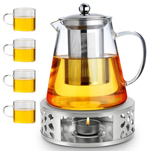 Teekanne aus Glas, Teekanne mit Siebeinsatz und Stövchen, Kaffeekannen Borosilikatglas 1300 ml + 4 * 120 ml Glas Teetasse für Duftender Früchtetee, Schwarzen Tee, Grüner Tee