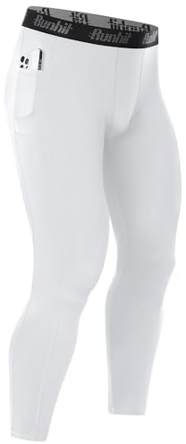 Runhit Mens Compression Pants with Pockets, Sports Base Layer Trousers, Thermal Tights Cycling Leggings for Running Training White L