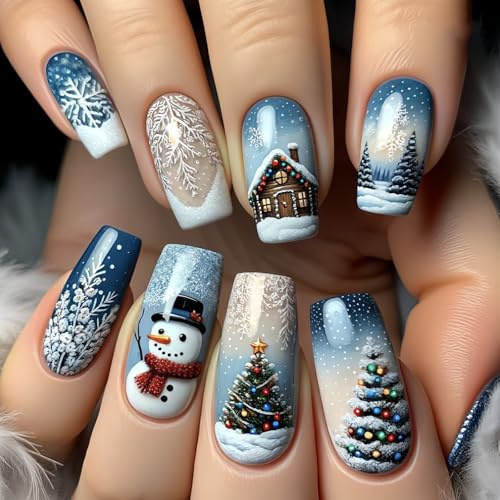 Ceboic 24 Pièces Noël Faux Ongles à Coller Moyens Carrés, French Capsule Ongle avec Bonhomme de Neige, Flocons de Neige & Sapin de Noël, Réutilisables Couverture Complète Ongles Acryliques pour Femmes