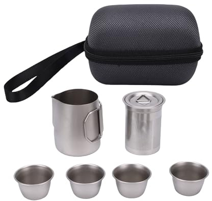 Fockety Service à thé en Acier Inoxydable 304, Théière de Voyage avec Infuseur, 4 Tasses à thé et Sac de Rangement, avec Poignée Pliable pour Camping en Plein Air, Randonnée, Sac à Dos