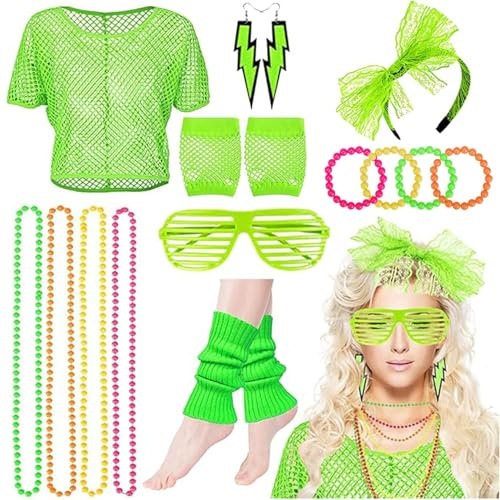 Mailfull 80 90er Jahre Outfit Damen Set Neon Party Outfit mit Netzoberteil Beinwärmern Netzhandschuhe Stirnband Halskette Armband Ohrring für Karneval Cosplay Mottoparty