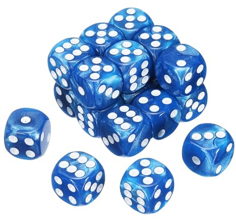 QUARKZMAN 20 st standard färgglada 6-sidig tärning, mini D6 akryl pärlmönster polyhedral tärningsset för bordsspel, blå/vita prickar