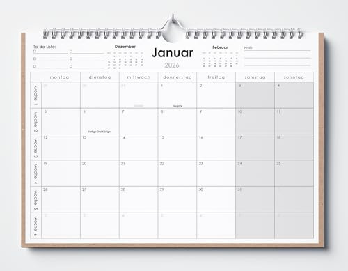 Huurdies – Calendrier mural de 18 mois – Reliure spirale – Impression sur une seule face – Dos en carton – Numéros de semaine, jours fériés, notes et à faire (2026, A4+)