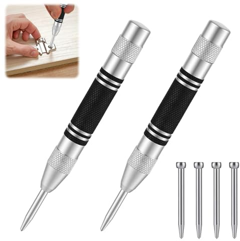 2 Pièces Outil de Marquage pour Métal, Pointeau Automatique, Pointeau Automatique en Acier Durable avec Mécanisme de Tension Réglable, Pointeau Central Automatique avec 4 Embouts de Rechange