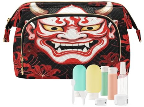 Neceser de viaje con máscara de Oni y lirio de araña roja, bolsas de cosméticos esenciales para bolso para cosméticos de viaje