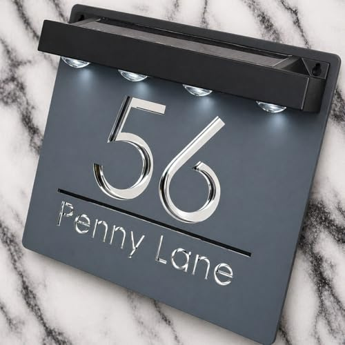 K Smart Sign Bellissima S1 LED F31 | Lampe solaire carrée pour maison, numéro de porte, plaque de numéro avec LED personnalisable, panneau nom, adresse pour mur (anthracite et miroir argenté)