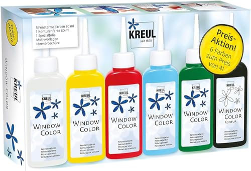 KREUL 42847 - Window Color Aktionsset, 6 x 80 ml Fenstermalfarbe in weiß, gelb, rot, blau und grün, inkl. 80 ml Konturenfarbe in schwarz, für kreative Kinder mit Spezialfolie und Malvorlagen