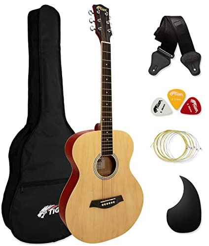 TIGER ACG2-NT Chitarra acustica full size 4/4 con corde in acciaio per principianti - La confezione include custodia, tracolla, piastra antigraffio e corde di ricambio - Naturale