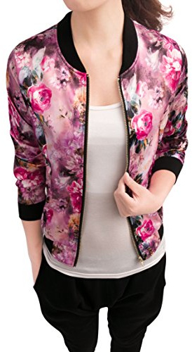 Allegra K Día de San Patricio Chaqueta De Bombardero Floral Ligera Con Cremallera Y Cuello Alto Para Mujer Fucsia M