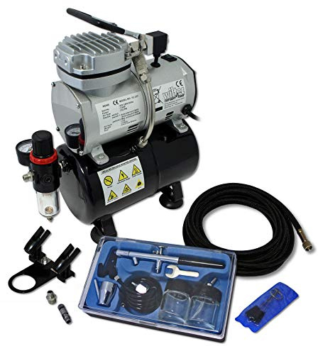 Wiltec Einsteiger Airbrush Kompressor Set AS189 mit 1 Airbrushpistole Typ 128 und umfangreichem Zubehör, 3 l Drucktank, für Modellbau, Tattoos, Nailart