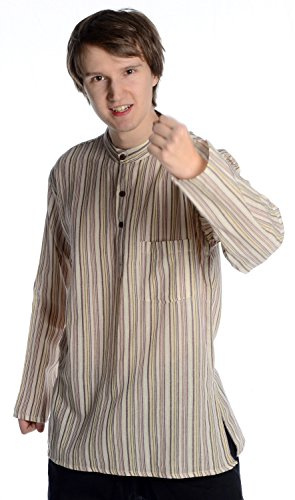 Hemad.de - Chemise avec Col Mao en Pur Coton - Kurta De Nepal - Rayée Marron/ - Beige - L