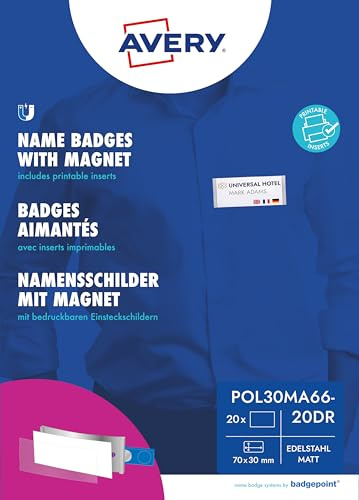 AVERY Zweckform polar30 Namensschilder 20 Stück (70x30mm, 20 Schilder mit Magnet, verdrehsicher, mit blanko Einsteckschildern zum Bedrucken, magnetische Namensschilder für Kleidung) edelstahl matt