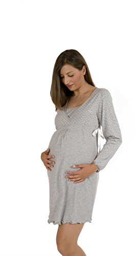 Premamy - Camicia da Notte per Premaman, Modello con Fiocco, Cotone bielastico, Pre-Post Parto - Grigio - IV (M)