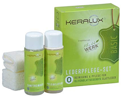 KERALUX Lederpflege Set für Olivenblatt gegerbte Leder 100 ml Reiniger 100 ml Pflegelotion und Zubehör
