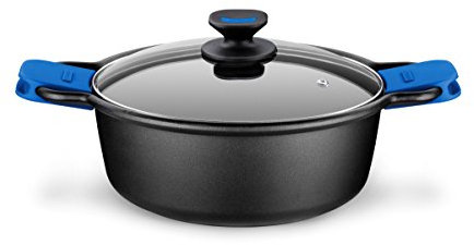 Monix Solid Cacerola Alta, Tapa de Cristal y Asas de Silicona, 6 litros, Aluminio Fundido, Negro y Azul