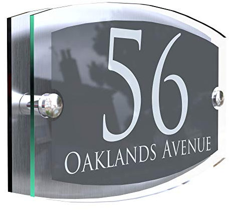 MODERN HOUSE SIGN PLAQUE DOOR NUMBER STREET GLASS EFFECT ACRYLIC ALUMINIUM NAME ESTA5-28WA-S-C