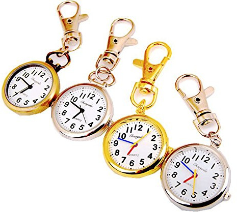 ZIMI 4 PCS Round Analog Women's Men's Nurses Keychain Key Ring Watch Simple Easy to Read time Quartz Unisex Pendant Clock