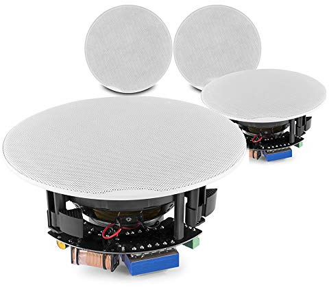 Power Dynamics FCS8 8 Ceiling Speakers Bundle – Set of 4 Low Profile Flush Mount 2-Way Coaxial 100V & 8 Ohm, 640W Home Shop Restaurant Audio System White Metal Grille