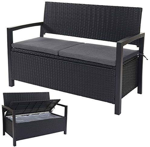 Mendler Poly-Rattan 2er Sitzbank HWC-F39, Gartenbank Truhenbank, Staufach Aufbewahrung Sitzkissen - grau-meliert, Kissen grau