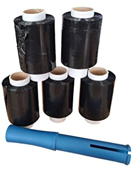 Kortpack | 5 Rollen Schwarze Mini-Stretchfolie 23my x 10cm x 150mtr. + 1 Abroller dazu gepackt - super fur Umzug, Verpackung, Bundelen