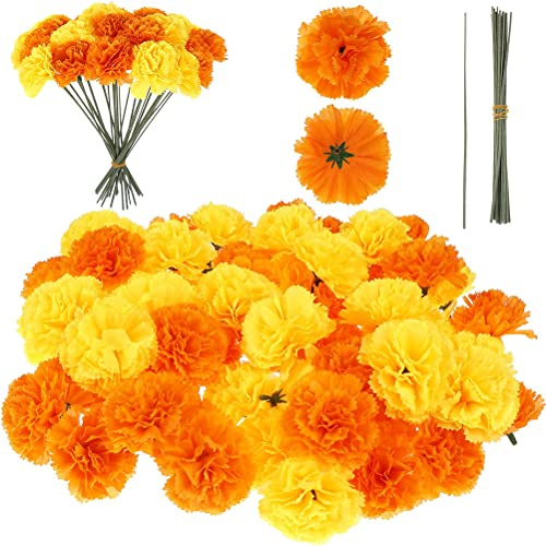 THLMT 50PCS Fiori di Calendula Artificiali, Fiori di Calendula Finti Calendule Finte per Halloween Fiori di Calendula in Tessuto di Seta Fiori Messicani per Diwali con Palo di Fiori, Giallo Arancio