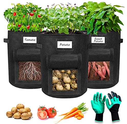 Airminti Lot de 3 sacs de plantation de pommes de terre de 26,5 litres (7 gallons) avec poignées stables et rabat transparent, pots en tissu non-tissé épais et respirant avec gants de jardinage pour