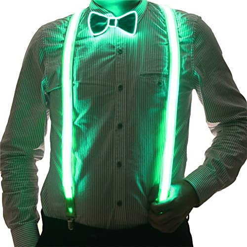 Brejkdo Set di 2 bretelle luminose da uomo a LED e papillon, perfette per musica, festival, feste in costume di Halloween (verde), verde, Taglia unica