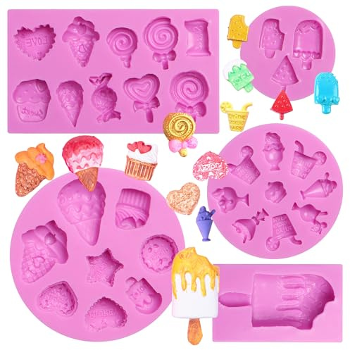 Ice Cream Chocolate Silicone Molds, Lollipop Candy Molds, 5 Packs for Making Ice Cream Shapes Fondant Mold, Cake Decoration, Cupcake Toppers, Candle, Resin, Clay