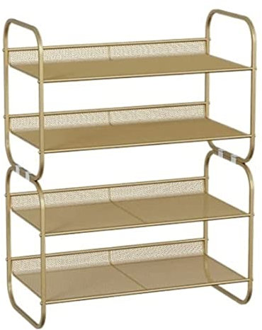 PSTOYS Schuhregale Schuhschrank Schuhregal 4-stöckiges Schuhregal, Stapelbar Und Verstellbar, Schuhregal Aus Metallgitter Für Den Eingang, Wohnzimmer, Flur Schuhständer Schuhablage (Color : Gold)