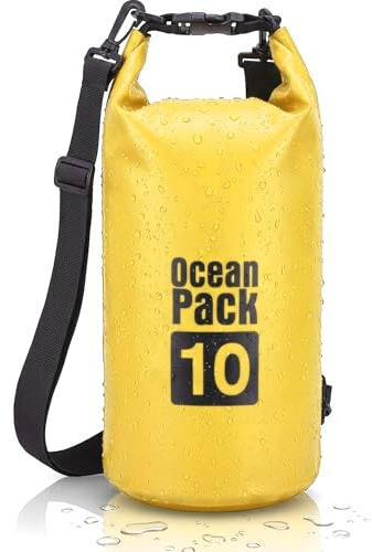 Dry Bag, Borsa Sacca Zaino Impermeabile Waterproof, chiusura a rotolo e tracolla, custodia per cellulare e marsupio per Mare Barca Pesca Rafting Spiaggia Sport Acquatici (Yellow, 10l)