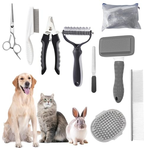 Dog Brush for Grooming,9 PCS in One Pet Slicker Hair Brush Kit with Pet Nail Clipper and File - Dog Cat Grooming Deshedding Undercoat Rake Brush Comb for All Small Large Dogs Cats Grey
