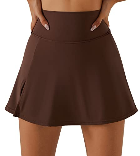 Odizli Tennisrock Damen mit Hose Kurz Hosenrock Sommer Basics Skort Drunter Minirock Tennis Rock mit Schlitz Golf Fitness Workout Running Hockey Sommerrock Festival Rave Techno Outfit Braun-Rock M