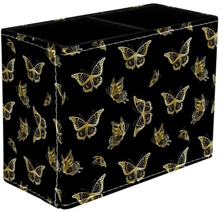 VAPOKF Stifthalter für Schreibtisch, 2 Fächer, goldener Schmetterling auf schwarzem Hintergrund, Stiftehalter, Make-up-Pinsel, Aufbewahrung, Schreibtischbedarf, Organizer für Home Office
