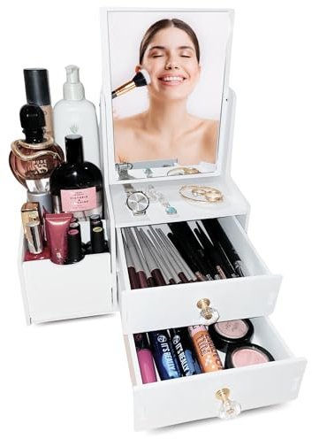 RISSLI Organizador de Maquillaje, para Habitacion, Tocador o Baño, con 2 Cajones, Separadores y Espejo. Neceser Cosmeticos, Perfumes, Cremas, Barras de Labios y Joyas. Tocador de Maquillaje.